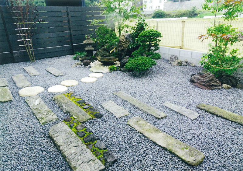 溝口造園　庭・芝・植木・敷石・乱形石・タイル・噴水・波型塀・スタイリッシュ・和モダン・スタイリッシュ