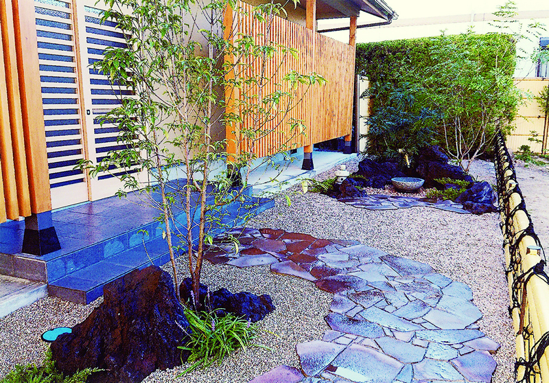 溝口造園　アプローチ・つくばい・タイル・敷石・造形・壁・オブジェ・アート・曲線・和モダン